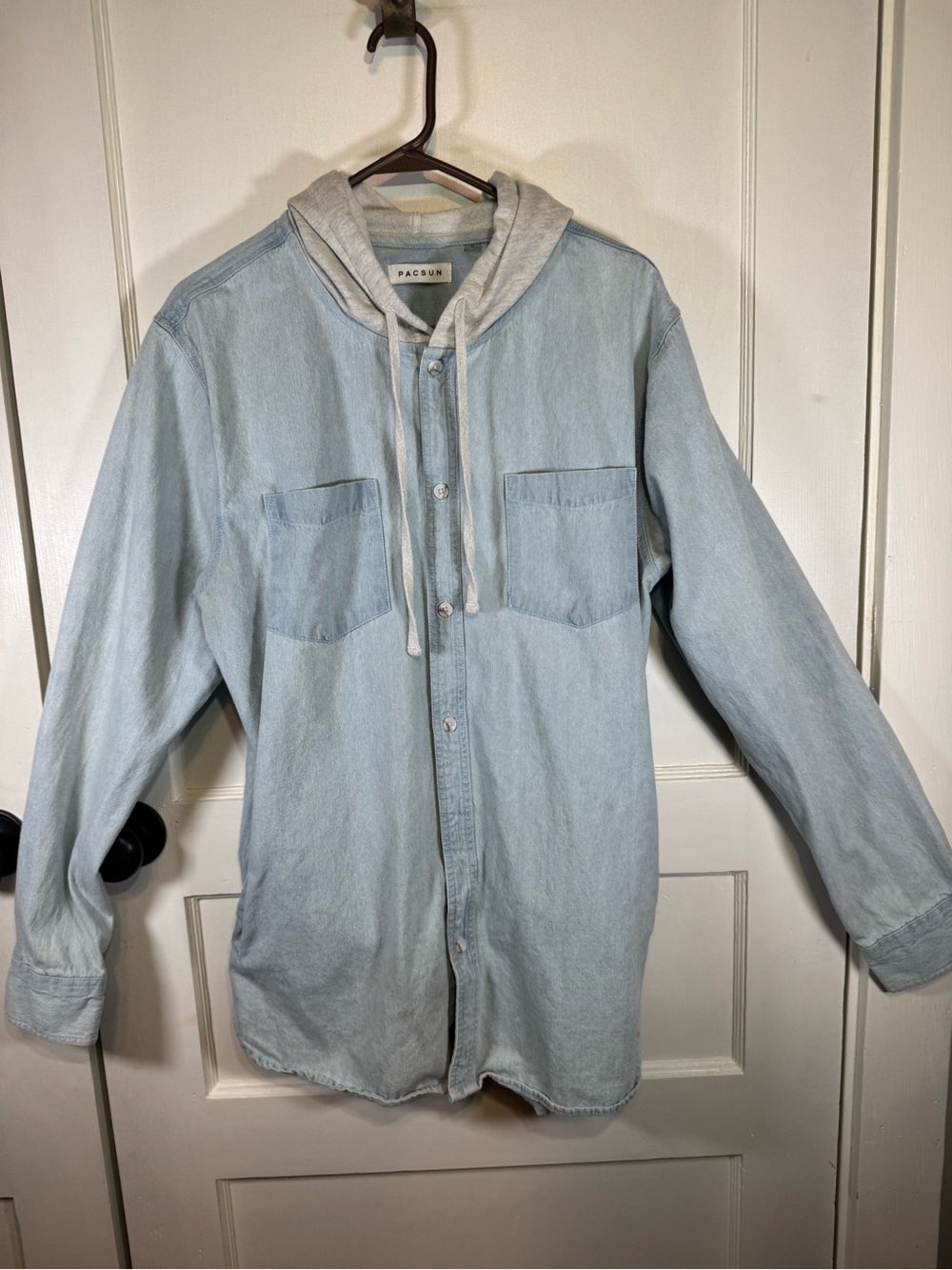 PacSun Light Blue Denim Shirt Jacket with Gray Hood